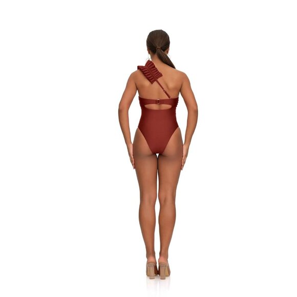 Andrea Iyamah Nisi One Shoulder Ruffle One Piece Swimsuit Chocolate Womens Size - Picture 3 of 12